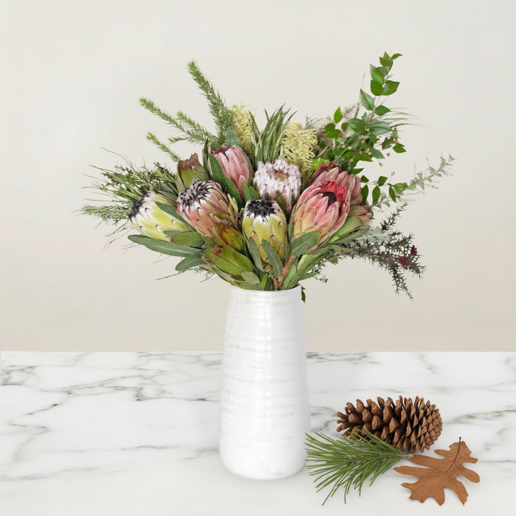 Buy protea bouquet - fall protea arrangement with fall vibe on marble counter