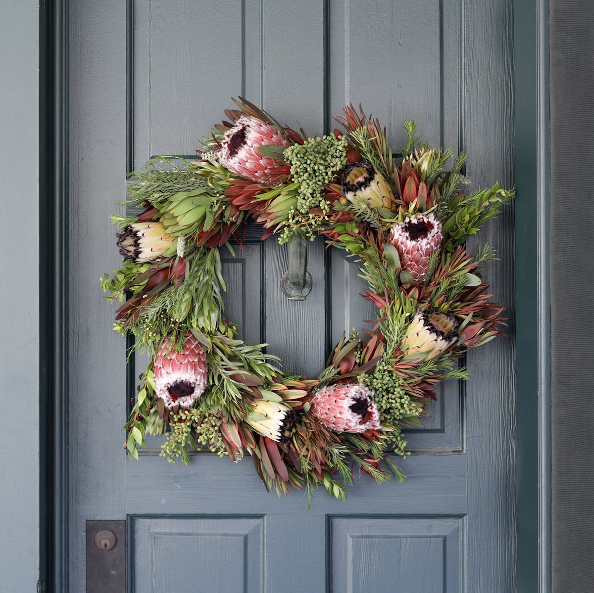Holiday protea wreath hanging on a door