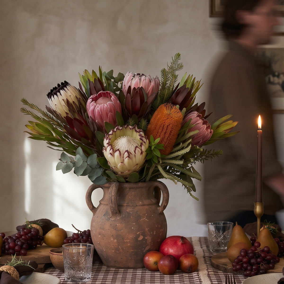 Thanksgiving protea bouquet with candle