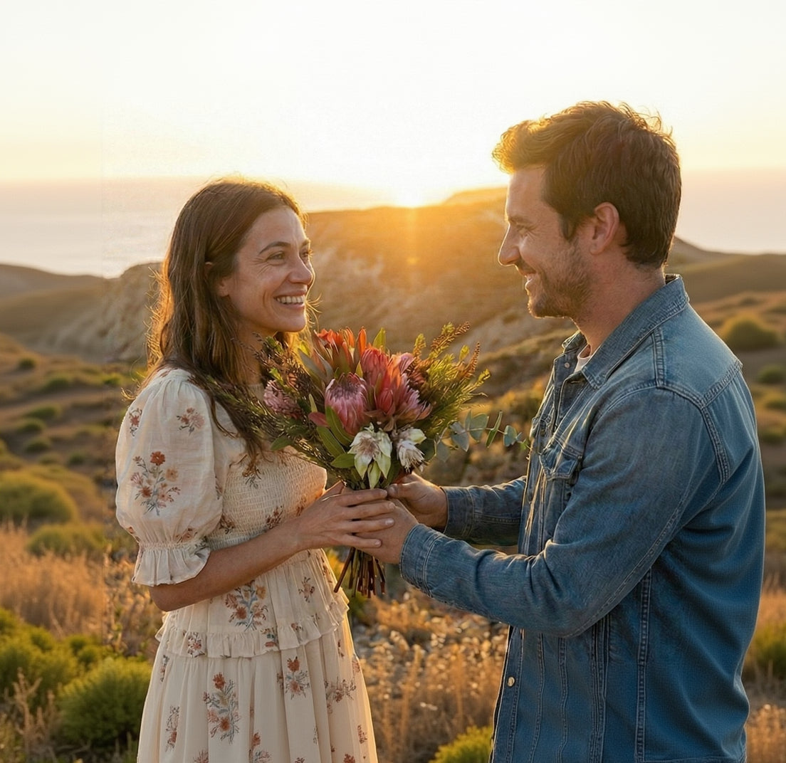 Man presenting a bouquet to a woman on a scenic cliffside with sunset.