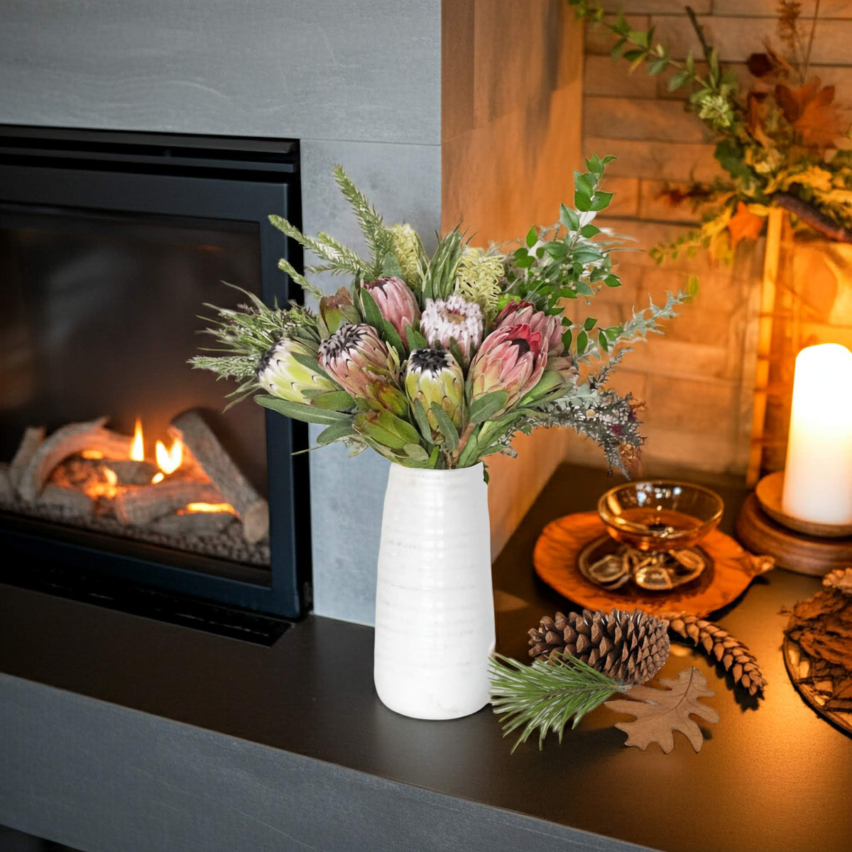 Buy Protea Bouquet - protea arrangement next to a fireplace