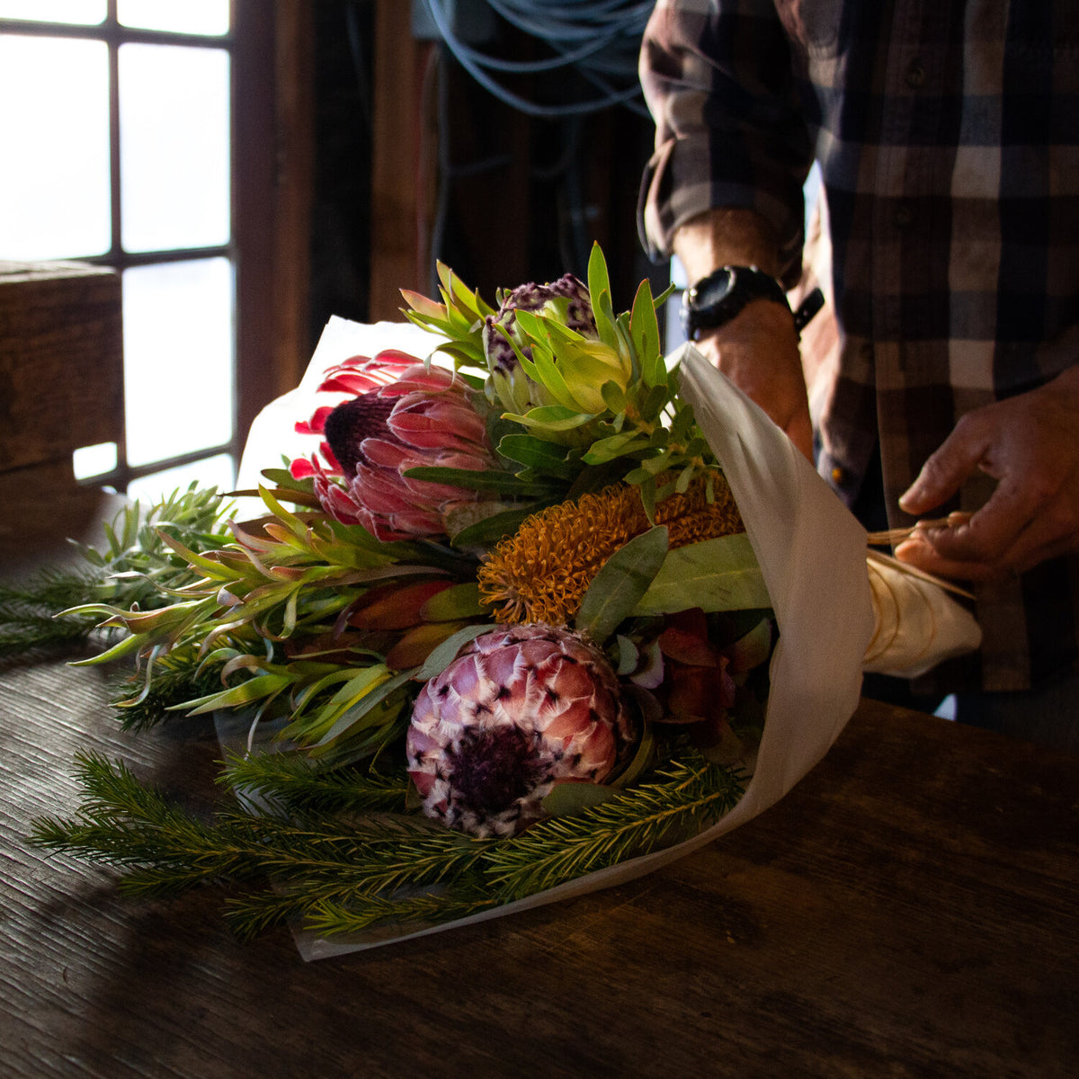 Protea bouquet in a barn being packed to ship nationwide. A mix of Protea, Banksia and Leucadendron.