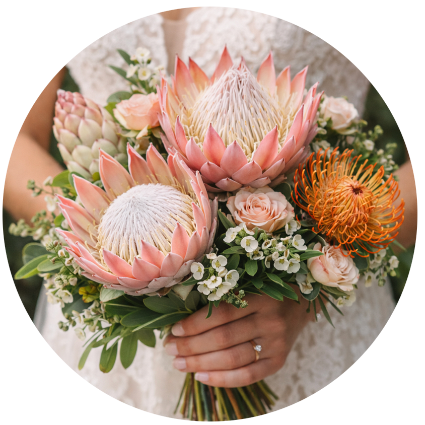 Bouquet of protea flowers held by a bride with a blurred background