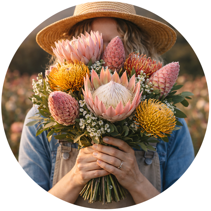 Person holding a bouquet of protea flowers in a natural setting