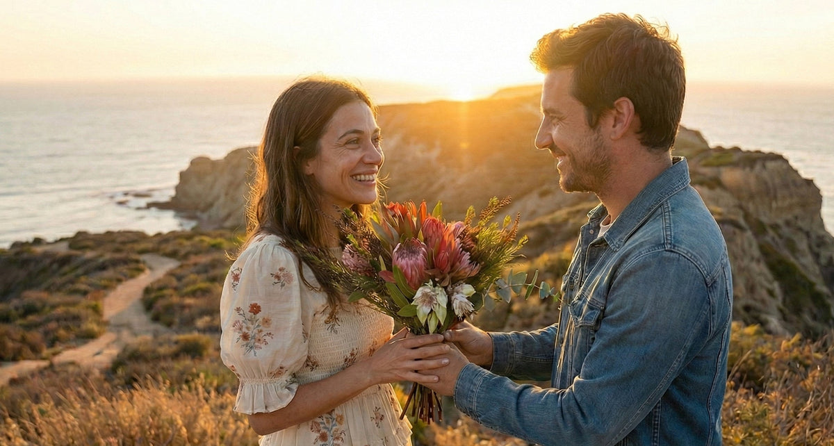 Man presenting a protea bouquet to a woman on a scenic cliffside with sunset.